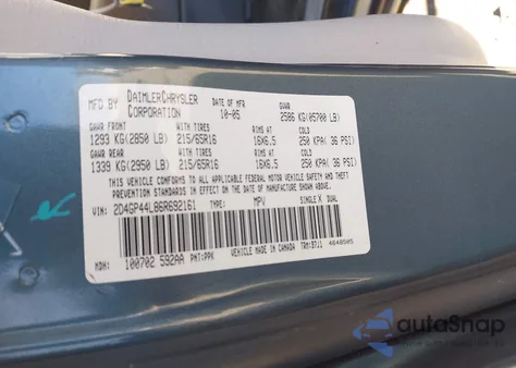 2006 Dodge Grand Caravan Sxt z USA, uszkodzony, nr VIN 2D4GP44L86R692161